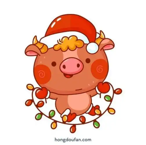 拿着彩灯带着圣诞帽子的小花牛简笔画大全q版奶牛简笔画步骤q版奶牛简