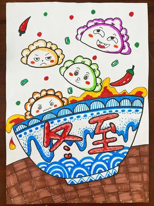 碗选择青花瓷碗用点线装饰,饺子可以添加各种卡通表情,桌布也可以让