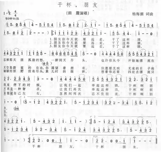 干杯 朋友 田震 歌谱 简谱