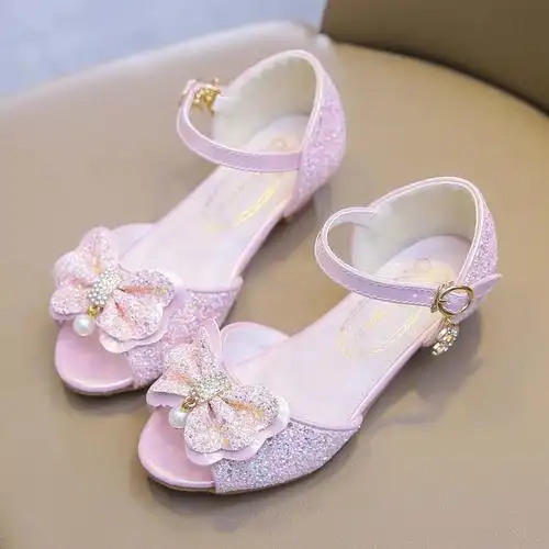 女童夏季凉鞋儿童闪亮白色公主鞋小女孩表演鞋软底皮鞋高跟水晶鞋