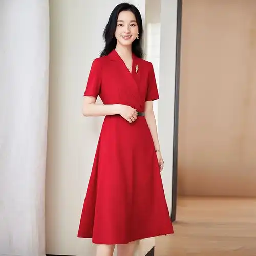 短袖连衣裙职业装中裙一步裙白领经理老板西装裙时尚收腰中长款红