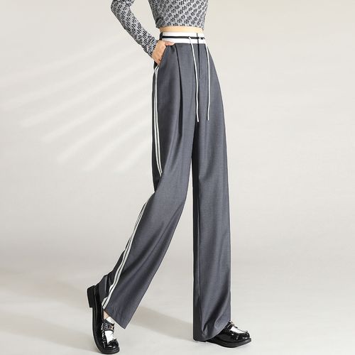 【撞色抽绳高腰竖条直筒长裤】春秋款时尚简约宽松休闲裤女裤