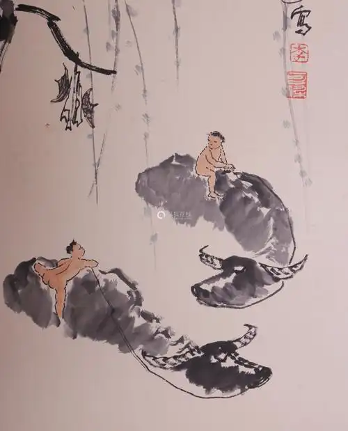 李可染双牛纸本设色镜心