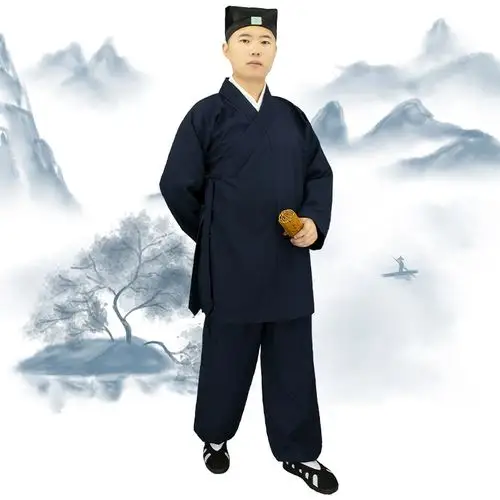 道士服男春秋季短褂道袍长褂武当太极服练功服女道教用品斜襟中褂