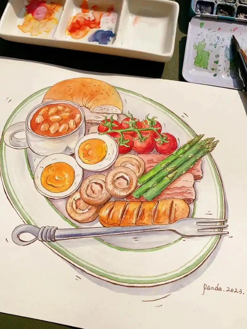 宝们早餐继续好好吃#钢笔淡彩 #水彩美食画 #水彩 #绘画过 - 抖音