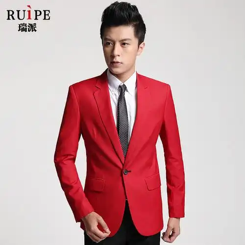 男士红色西服外套修身婚庆礼服休闲男韩版年会演出表演潮大红西装t