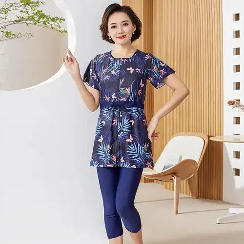 妈妈款中老年人泳衣保守长裤200斤胖mm大码温泉分体老太太游泳衣