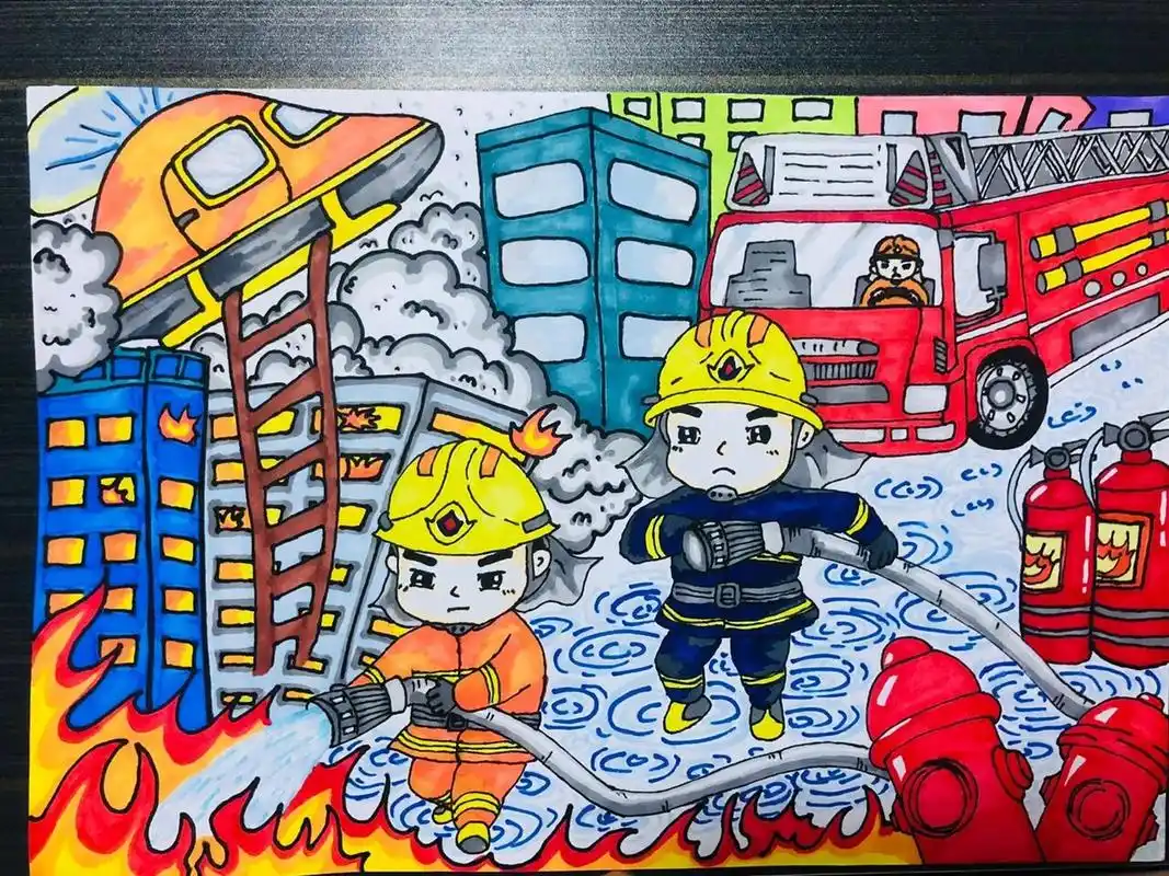 消防安全战士烈火雄心 119 救火绘画作品 宸宸原创参赛作品 小学生