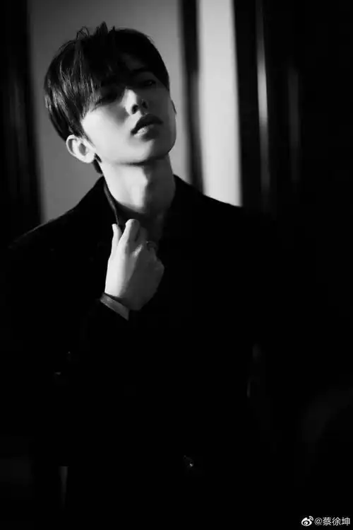 10月9日,蔡徐坤微博发布一组黑白镜面写真,深色衬衣搭配黑色绒质外套