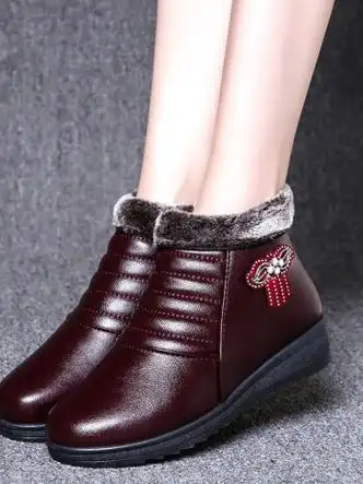 鞋冬季棉鞋加绒加厚防滑保暖老人短靴中老年女鞋皮鞋酒红色升级版36