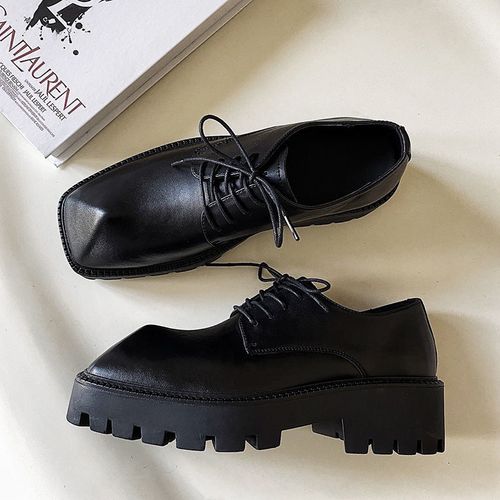 男鞋犀牛角黑色皮鞋厚底走秀系带英伦低帮鞋网红爆款商务结婚鞋子