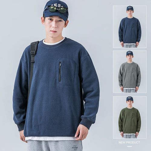 秋冬厚款圆领拉链口袋上衣男装衣多穿男生休闲宽松外穿衣 藏蓝  170/m