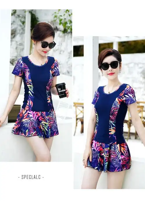 中老年女士泳衣保守加肥加大码分体泳衣女中年大码平角妈妈款遮肚显