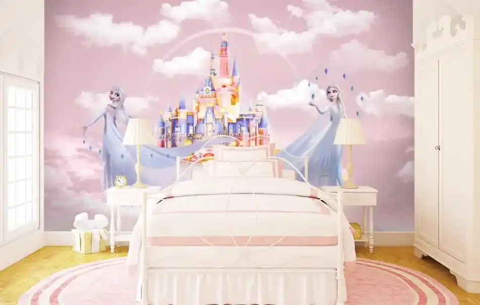 爱莎公主城堡背景墙 #墙纸墙布壁画 #网红背景墙 #壁布 # - 抖音