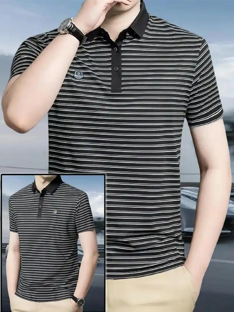 男神们,时尚休闲夏季轻奢条纹太酷啦,男士高档半袖翻领polo衫!