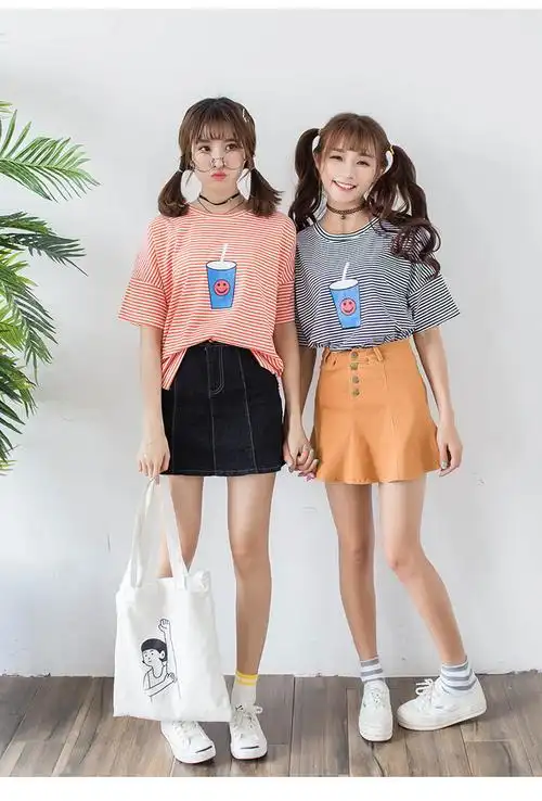 珍纯夏季新款条纹短袖学院风百搭闺蜜装t恤女