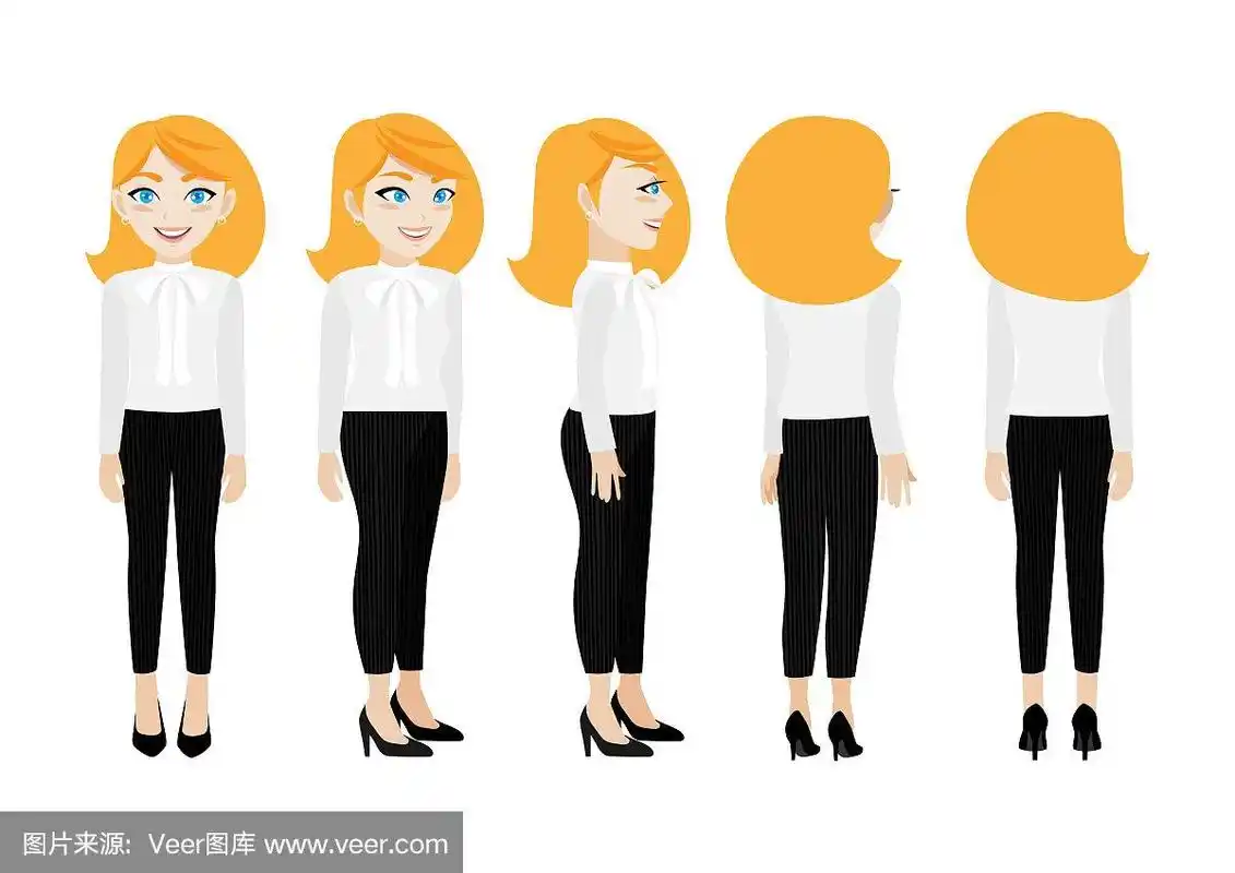 正面,侧面,背面,3-4视图动画角色.平面向量插图.