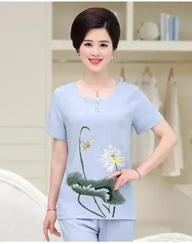 中老年女夏装棉麻套装妈妈装奶奶宽松亚麻短袖t恤上衣裤子两件套