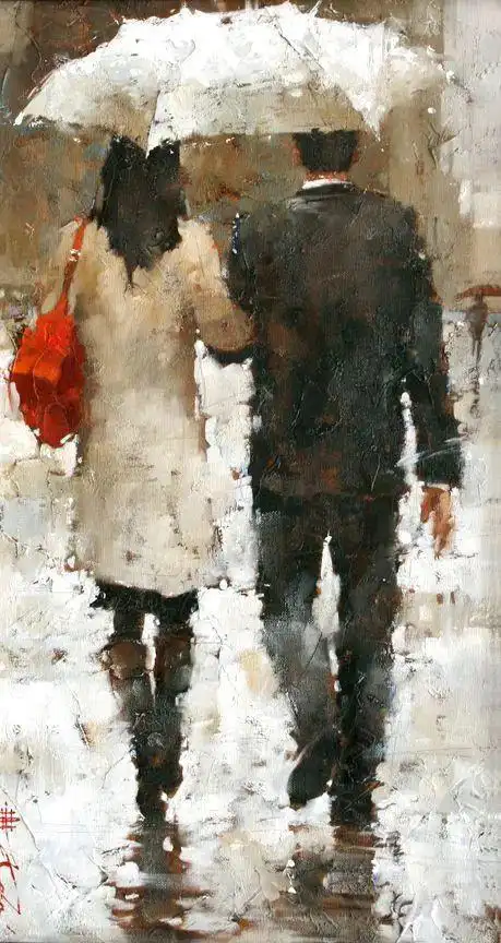 雨中红裙女子的背影俄罗斯画家安德烈科恩的油画