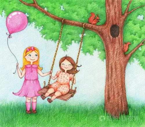 手绘插画的乐趣在室外彩色铅笔的秋千上的两个小女孩