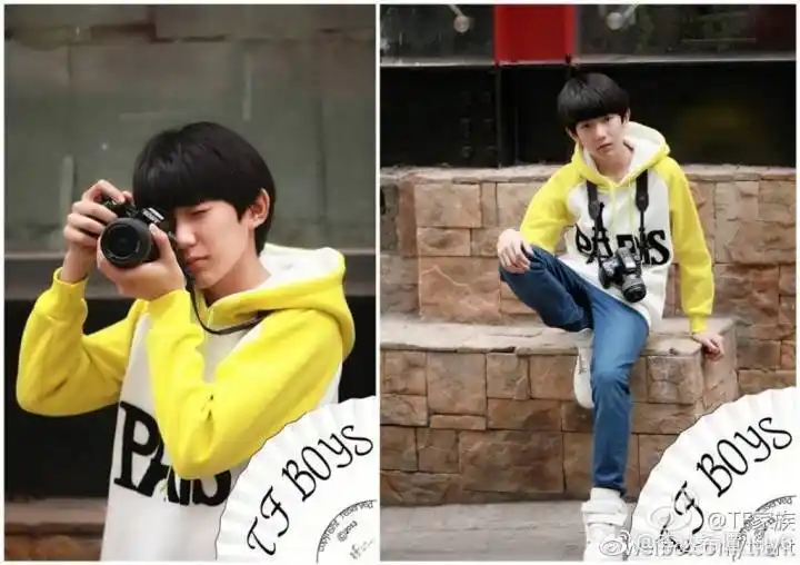 穿着黄白两色的连帽卫衣和蓝色牛仔裤,锅盖头真的超级可爱