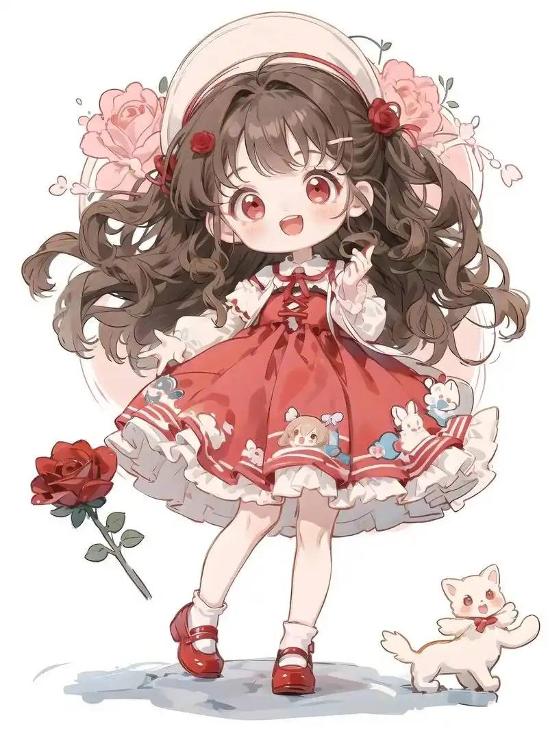 q版动漫可爱女孩/长卷发红色长裙.#二次元ai绘画 #这画是 - 抖音