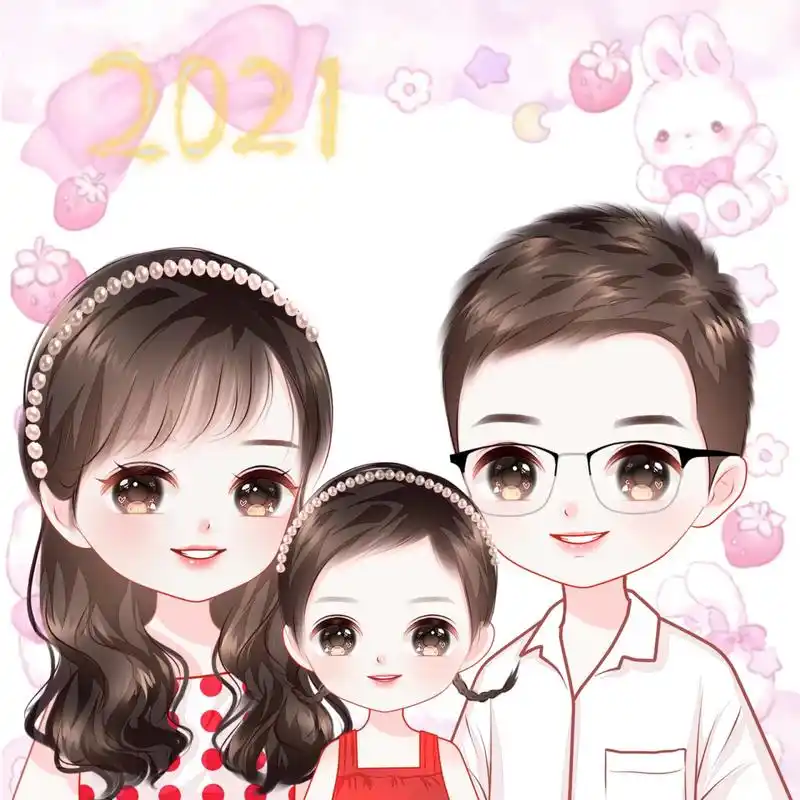 一家四口手绘头像 今天分享9幅2021年一家三口,一家四口全家福手绘