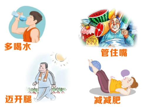 简单点说,就是12个字:多喝水,管住嘴,减减肥,迈开腿.