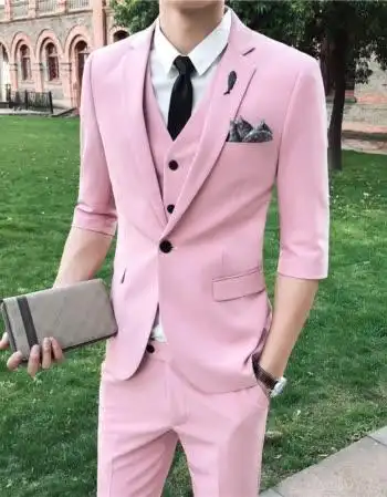 袖西服套装男修身韩版七分袖小西装结婚礼服夜店发型师 粉色单件西装