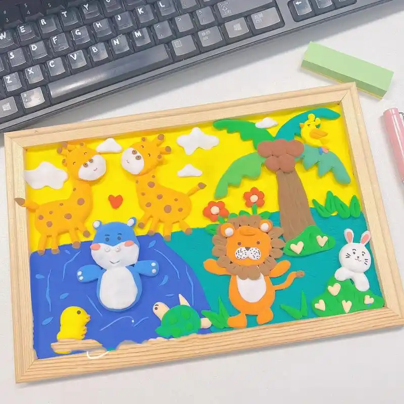 动物园小动物超轻粘土黏土浮雕画手工作品 尺寸:20×30厘米 木框 from