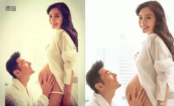 黄晓明微博晒的baby杨颖大肚照是裁过的 原图很有看点哦