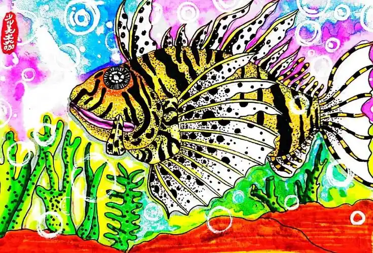 创意美术儿童画  #创意儿童画  #儿童创意美术  #狮子鱼  #儿童画