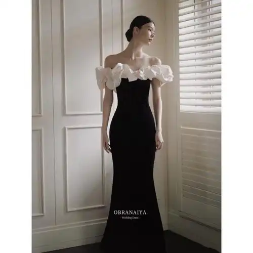 新款礼服黑色丝绒晚礼服女2023新款法式一字肩宴会轻奢大气优雅感