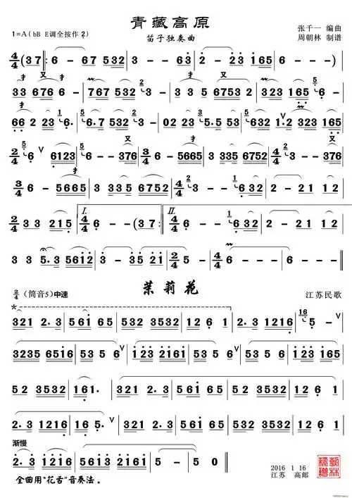 青藏高原 茉莉花 笛子独奏曲(笛箫谱)1
