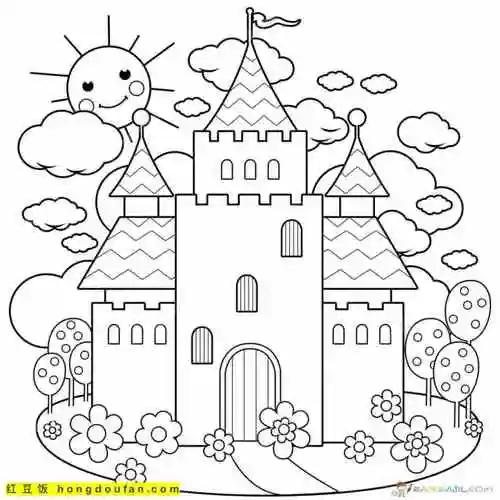 12张山顶上的城堡卡通儿童简笔画-红豆饭小学生简笔画大全