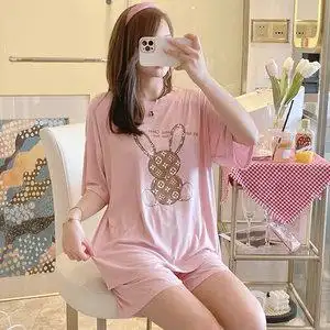 睡衣女夏季莫代尔家居服套装青年粉色圆领短裤女可爱小兔宽松休闲