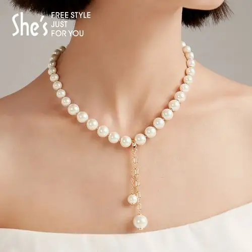 shes珍珠美人系列电镀14k金色流苏项链时尚赫本项链