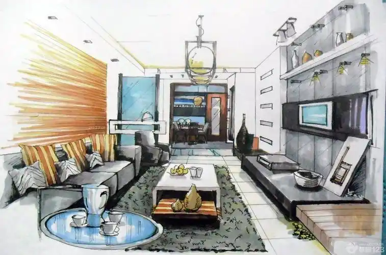 长方形客厅马克笔手绘效果图
