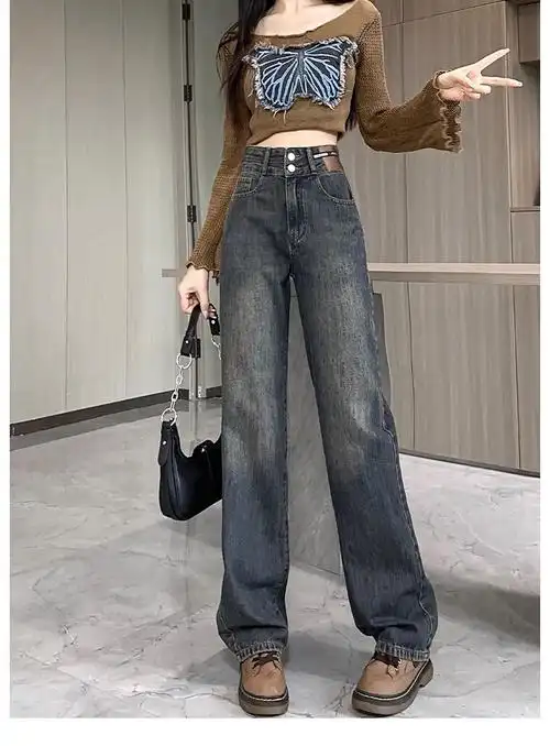水泥灰高腰阔腿牛仔裤女秋季新款宽松遮肉显瘦百搭垂感窄版直筒裤