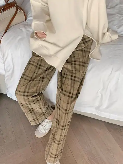 卡其色格子休闲裤女2021春季新款韩版宽松高腰直筒裤子百搭洋气