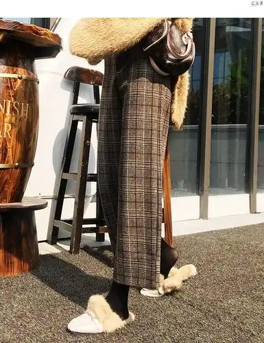 秋冬格格裤子女格纹千鸟格格子毛呢九分坠感阔腿复古温柔风高腰直筒