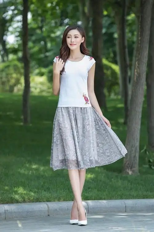 2018夏季半身裙中裙印花中国风半截裙子大摆a字裙百褶大码短裙女