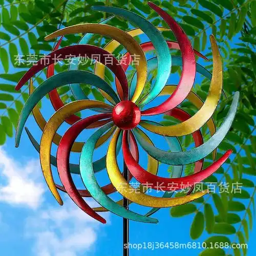 跨境爆款彩色柳叶风车双向360度户外庭院草坪花园装饰风车风铃 摆