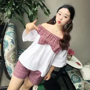 大码女装韩版可爱蝴蝶结格子套装胖妹妹加肥大码减龄露肩短裤套装