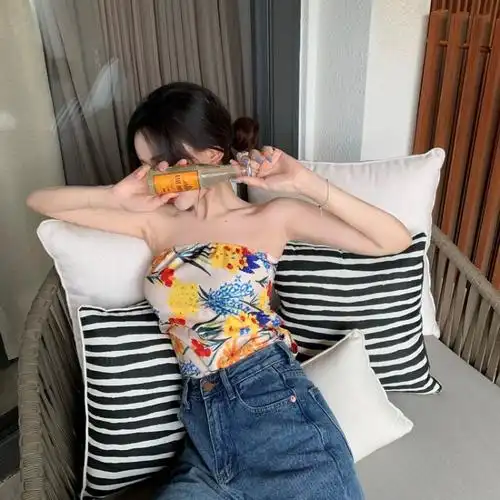 泫雅风抹胸露肩外穿ins超火小吊带女碎花蝴蝶结性感绑带背心上衣