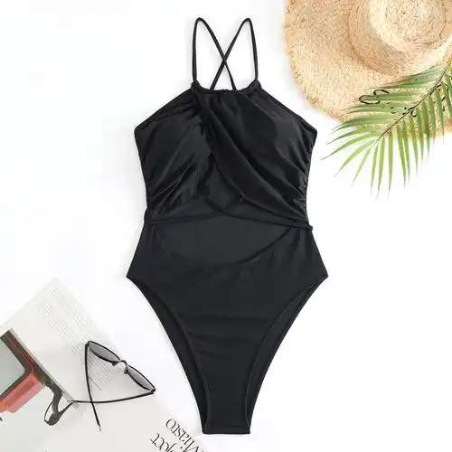 外贸纯黑高级泳装镂空设计吊带性感三角裤亚马逊欧美连体泳衣女