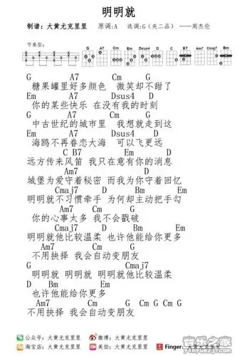 尤克里里曲谱 大黄版 周杰伦《明明就》尤克里里弹唱谱