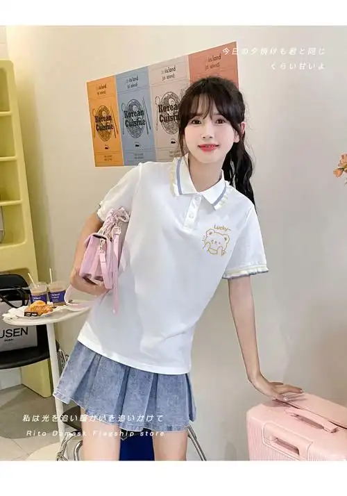 初中生少女polo衫短袖学生夏季女大童百搭翻领设计感正肩t恤上… - 17