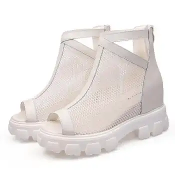 皮厚底凉鞋女夏2022年新款时尚坡跟超火松糕底高帮鱼嘴网纱凉靴乳白色