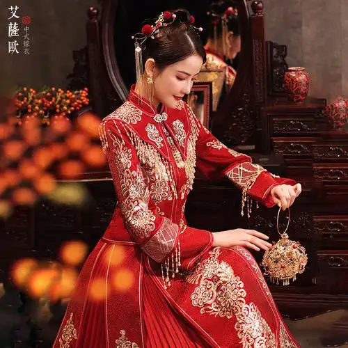 禾服新娘冬季新款中式嫁衣婚纱礼服凤冠霞帔